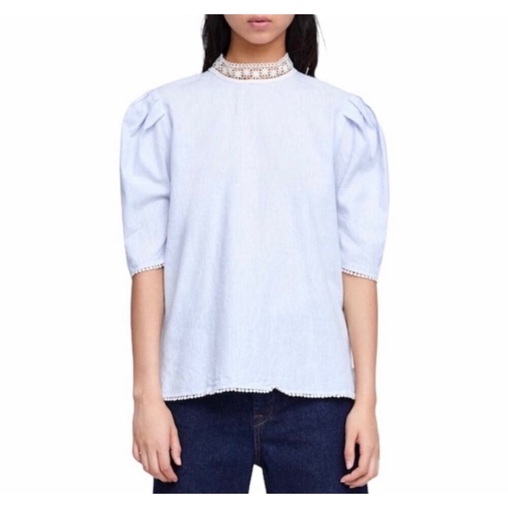 Zara Linen Light Blue Puff Sleeve Lace Collar Top Sz M